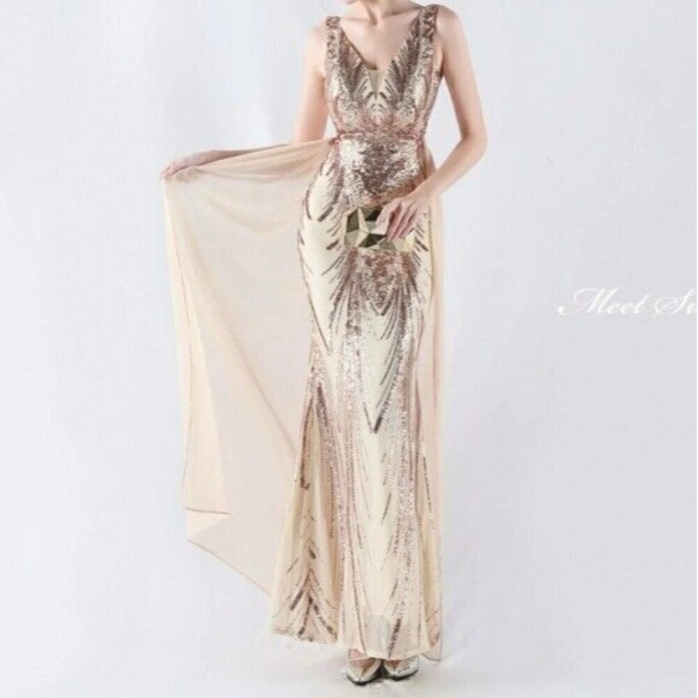 Gold, Double V, Beaded Back,  Draped Skirt,  Contrast Sequined Mermaid Gown